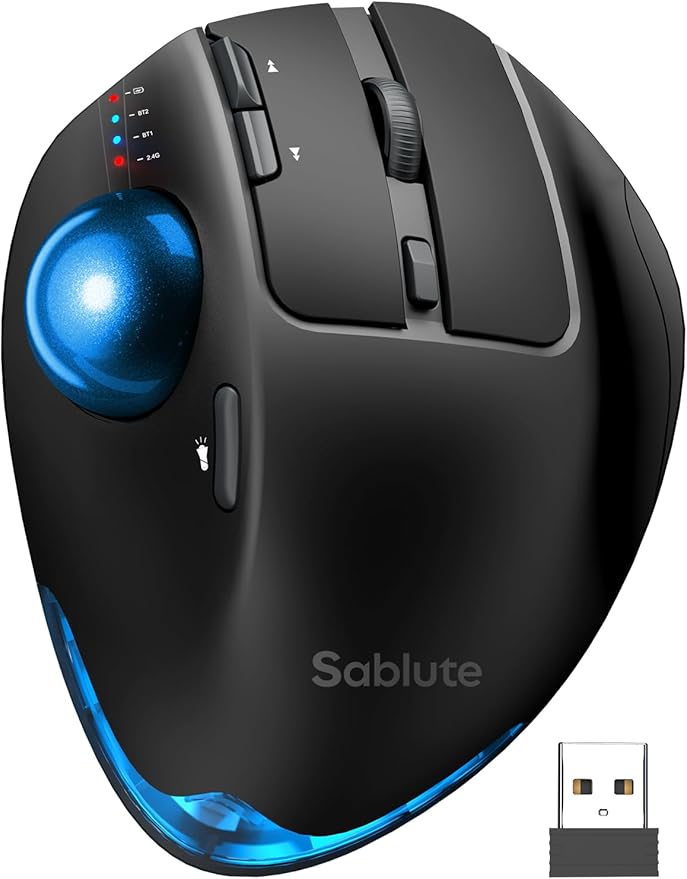 Wireless Trackball Mouse, Ergonomic Bluetooth Rechargeable Computer Mouse, Backlit Rollerball Thumb Laptop mice with 5 Level DPI, Adjustable Angle, 3 Devices Connection for PC, Windows - Blue Ball