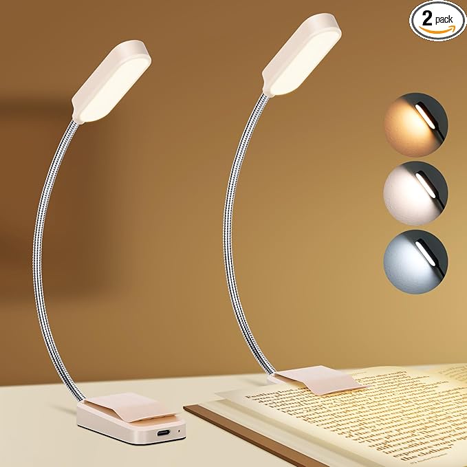 Book Light 2 Pack, Rechargeable Reading Lights for Books in Bed-Eye Caring 3 Colors, Stepless Dimming, 360° Flexible Studying Small Desk Lamp, Lightweight Clip-on LED Night Light for Book Lovers, Kids