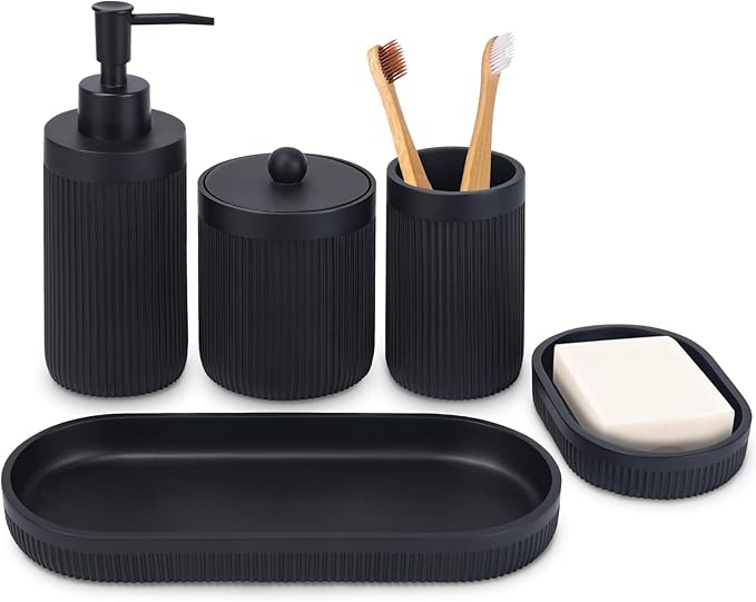 Bathroom Accessory Set 5Pcs-Lotion Soap Dispenser,Toothbrush Holder,Qtip Holder Dispenser,Vanity Tray and Soap Dish-Modern Bathroom Decor Vanity Countertop Organizer,Matte Black