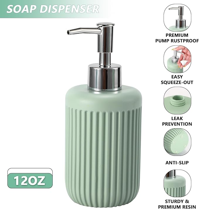 Resin Light Green Bathroom Accessories Set 5 Pcs, Lotion Soap Dispenser, Toothbrush Holder, Bathroom Tumbler, Qtip Holder and Vanity Tray, Bathroom Countertop Organizer Set for Modern Apartment