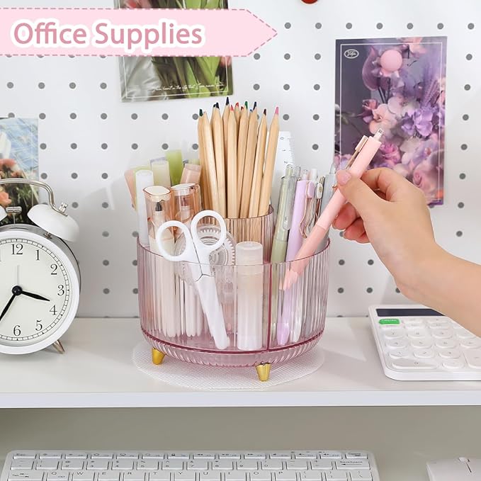 SKYDUE Rotating Pencil Pen Holder, Pen Organizer with 5 Slots - Aesthetic Desk Organizer and Accessories for School, Home, Office Supplies, Clear Pink