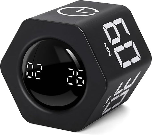 Productivity Timer 1, 5, 10, 30, 60 Minutes Preset, Desk Cube Timer with Gravity Sensor/Mute/Vibration for ADHD, Work, Study, Kitchen, Back to School (1, Black)