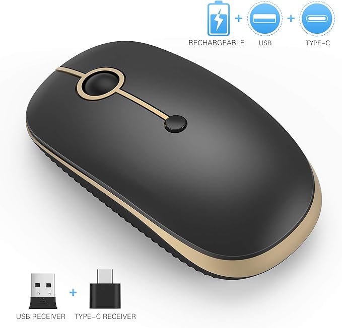 VssoPlor Type C Wireless Mouse USB C Rechargeable Portable Quiet Laptop Mouse USB and Type C Receiver Dual Mode Mice for PC, Laptop, MacBook, Tablet-Black Gold