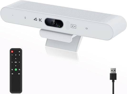 Conference Room Camera, All-in-One 4K Webcam with Microphone and Speaker, AI Tracking and Auto Framing, Wide Angle of View, Plug and Play USB Webcam for PC, Mac, Meetings, Teams, Zoom & Webex (White)