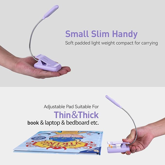 VAVOFO Rechargeable Book Light for Reading in Bed Kids, 7 LED Reading Light with 9-Level Warm Cool White Daylight, Eye Care Lamp with Power Indicator for Bookworms (Purple)
