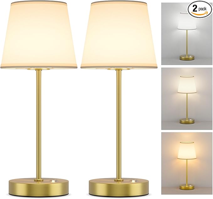 2 Pack Cordless LED Table Lamps, Battery Operated Fabric Shade Desk Lamp, 3 Color Stepless Dimmable Rechargeable Lamp for Dinner/Restaurant/Bedroom/Bars/Camping(Gold)