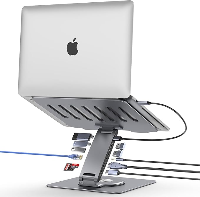 Laptop Docking Station for MacBook Pro/Air/Dell/HP/Surface HC 11-in-1 USB C Hub 360°Rotatable Laptop Stand with USB Hub 4K HDMI USB 3.0 PD100W 3.5mm Audio Jack RJ 45 TF/SD Reader Universal Laptop Dock