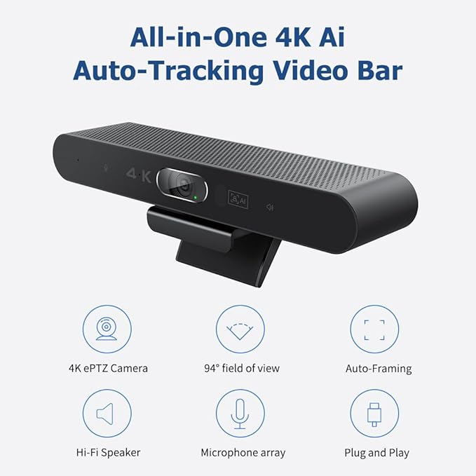 Conference Room Camera, All-in-One 4K Webcam with Microphone and Speaker, AI Tracking and Auto Framing, Wide Angle of View, Plug and Play USB Webcam for PC, Mac, Meetings, Teams, Zoom & Webex