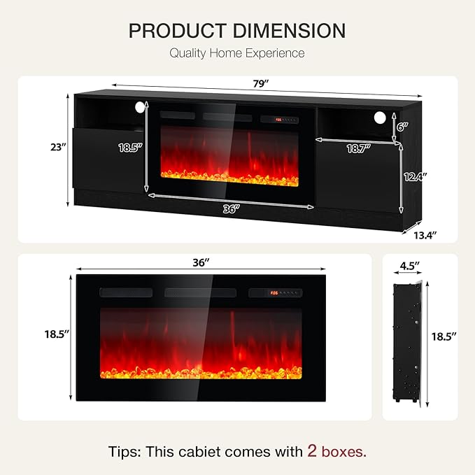 80” TV Stand with 36” Electric Fireplace, Large Modern Media Entertainment Center with Storage Cabinet and 12 Colors LED Lights for TVs Up to 90",All Black