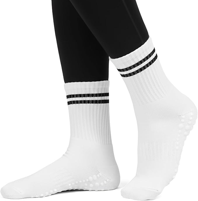 AMELLE Pilates Mid Crew Grip Socks for Women Non Slip – Half Cushioned Striped Yoga Barre Crew Socks with Grips – Anti Skid