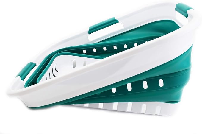 SAMMART 30L (8 Gallon) Collapsible 3 Handled Plastic Laundry Basket - Foldable Pop Up Storage Container/Organizer - Space Saving Hamper/Basket (White/Dark Green)