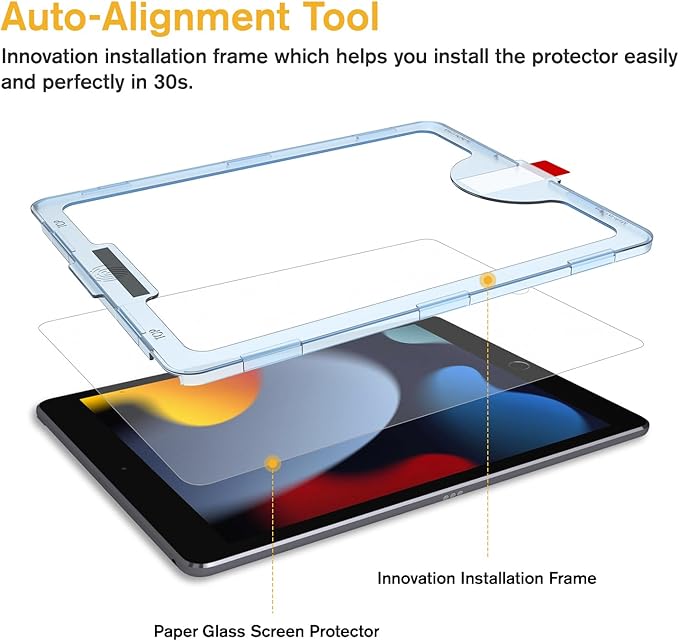 Paperfeel Glass Screen Protector Compatible with iPad 9th / 8th / 7th Generation 10.2 inch, EZ Kit, Auto-Alignment Tool