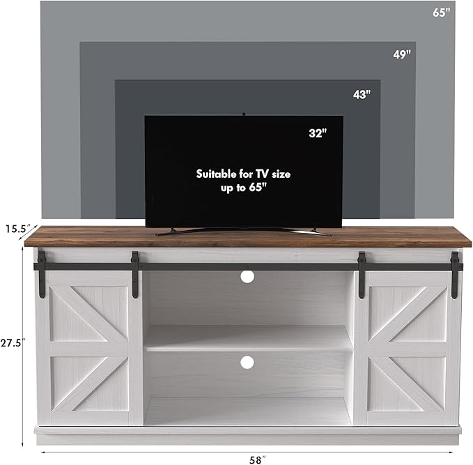 JUMMICO TV Stand for 65 Inch TV, Entertainment Center with Storage Cabinets and Sliding Barn Doors, Mid Century Modern Media TV Console Table for Living Room Bedroom (Bright White)