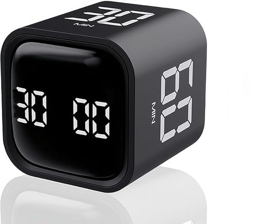 Digital Cube Pomodoro Timer Desk Rechargeable Productivity Timer 5/10/30/60min & Custom Countdown, Vibration & Adjustable Sound Alarm,for Task Work Kitchen ADHD Kids Studying (Black)