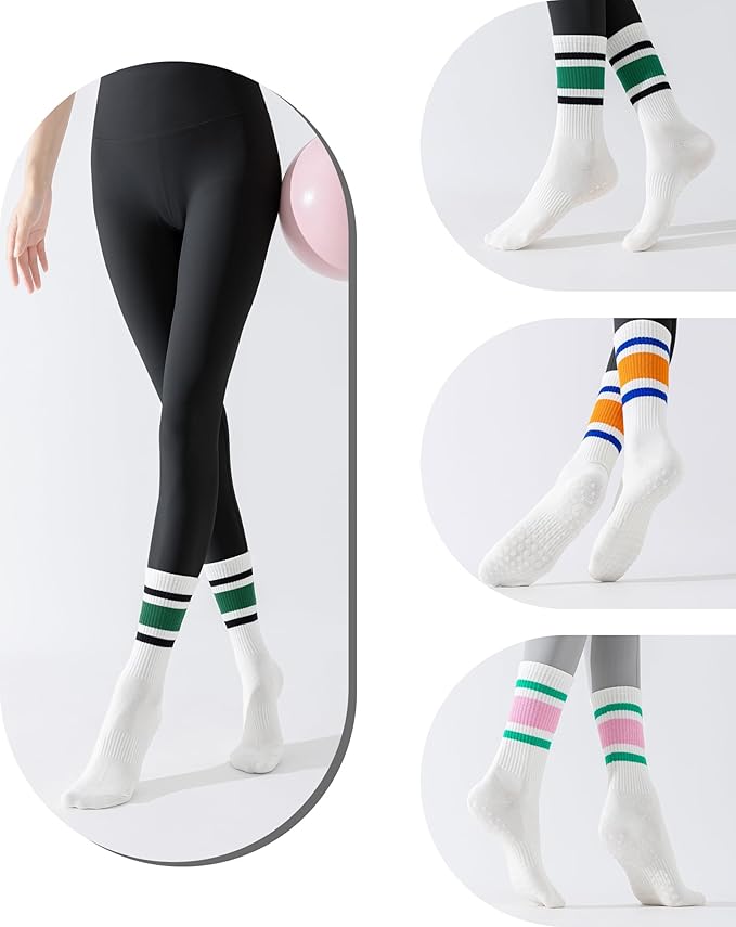 Yawlsow 3 Pairs Pilates Grip Socks for Women Yoga Grippy Striped Retro Crew Socks Non Slip Sticky Barre Sock with Grippers