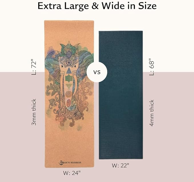 Shakti Warrior Cork Yoga Mat - Artist Designed, Premium Printed Eco-Friendly Non-Slip mat, Great for Regular & Hot Yoga, Pilates, Workouts 72 inch x 24 inch x 3mm Thick
