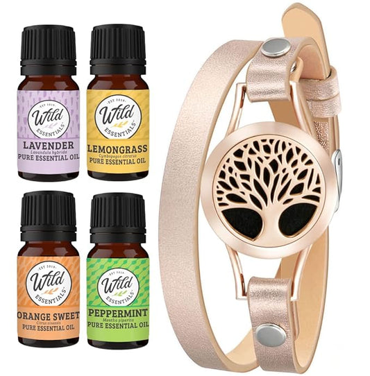 Wild Essentials Rose Gold Tree Essential Oil Leather Wrap Bracelet Diffuser, Gift Set, Lavender, Lemongrass, Peppermint, Orange Oils, 12 Pads, Customizable Color Changing Perfume Jewelry, Aromatherapy
