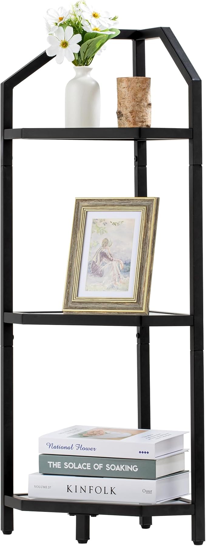 3-Tier Corner Shelf Stand, Black Corner Bookshelf, Bathroom Storage Rack Shelf, Plant Rack, Tempered Glass, Steel Frame, Modern Style for Living Room, Bathroom, Kitchen, Metallic Black