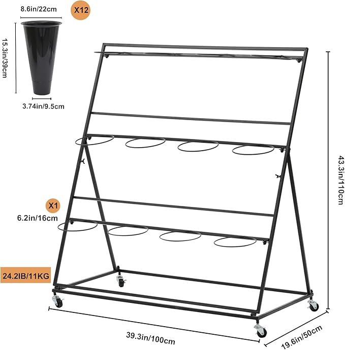 DYRABREST Flower Display Stand With 12PCS Buckets, 3 Layers Metal Plant Stand with Wheels, Heavy Duty Moving Plant Cart Shelf for Indoor, Outdoor Patio Garden, Florist (Black)