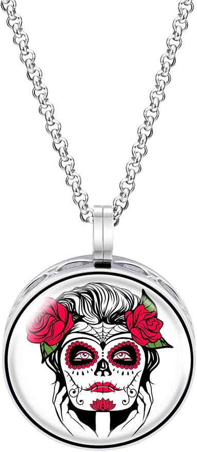 Wild Essentials Sugar Skull Tattoo Art Enamel Finish Essential Oil Diffuser Necklace Gift Set - Includes Aromatherapy Pendant, 24" Stainless Steel Chain, 8 Color Refill Pads