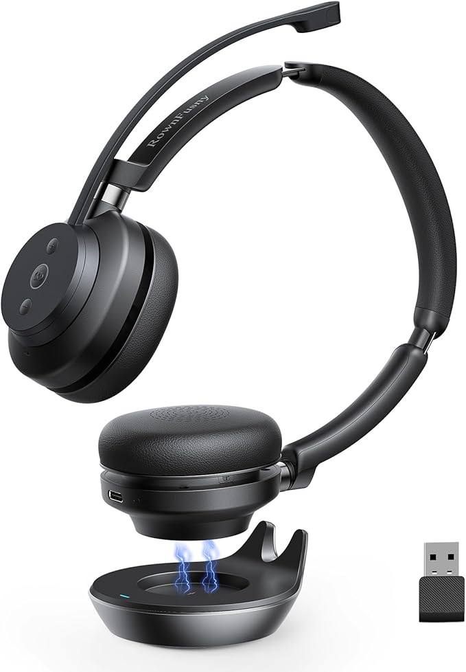 Wireless Headset, Bluetooth Headphones & 2.4G USB Dongle with Noise Cancelling Mic, Mute Button - for PC, Laptop, Call Center, Home Office, Zoom, Teams Meeting