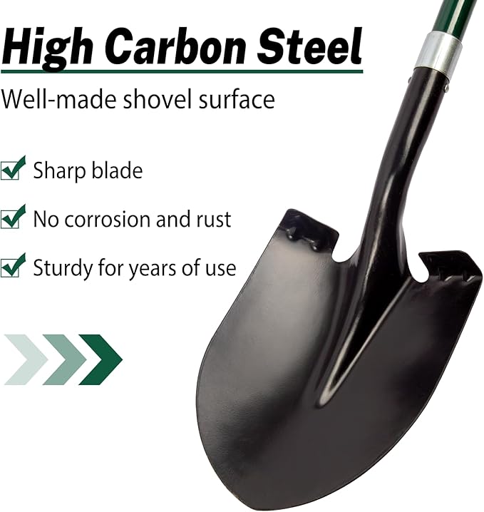 Heavy Duty Gardening Shovel, 56 Inch Round Blade with Fiberglass Handle (Green)