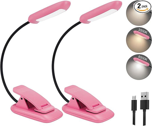 BIGMONAT Rechargeable Book Light, Portable Bendable Neck, Brightness Adjustable Reading Light, Eye Care Reading, Warm & White LEDs, Perfect for Kids, Bed Headboard & Travel (Pink, 2Pack)