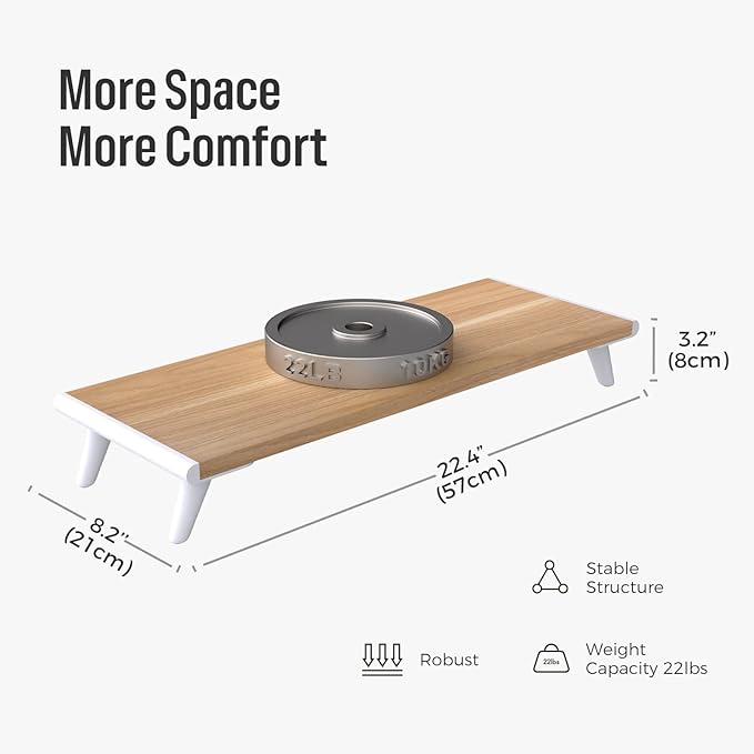 loukin Monitor Stand Riser for Desk, 22.4" x 8.3" Larger Computer Stand for Laptop, PC, Printer, Sturdy Desktop Computer Shelf with Non-Skid Rubber, Home Office, Natural Wood