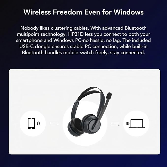NUROUM HP31D(2nd Gen) Wireless Headset with Mic for Work, Bluetooth Headset with Noise Cancelling Microphone, Charging Stand/Mute Button, Dongle/USB for PC/Computer/Laptop for Zoom/Teams, Office