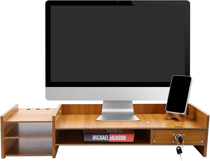 Wood Computer Monitor Stand for Desk Monitor Riser with Drawers & Lock Monitor Stand Organizer Desk Storage Shelf Desk Accessories & Workspace Organizers for Home Office (1 Drawer)