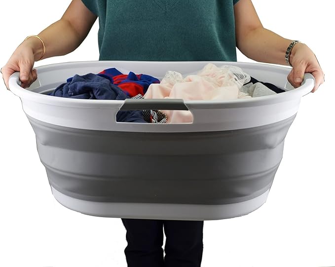 SAMMART 44L Collapsible Plastic Laundry Basket - Foldable Pop Up Storage Container/Organizer - Portable Washing Tub - Water Capacity: 35L(1, White/Grey), Size : 25.4 x 17.8 x 10.6 inches