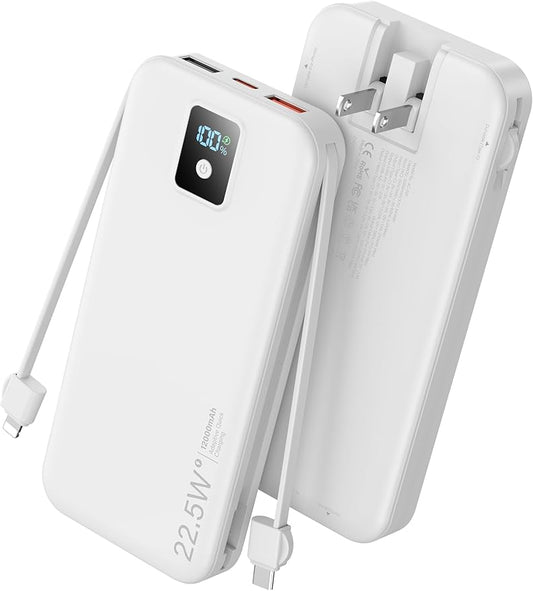 Portable Power Bank, 12000mAh 22.5W Fast Charging Phone Charger with Built-in Cables & Wall Plug, Travel Essential Battery Pack with LED Display, USB C Battery Charging Bank for iPhone, Samsung White