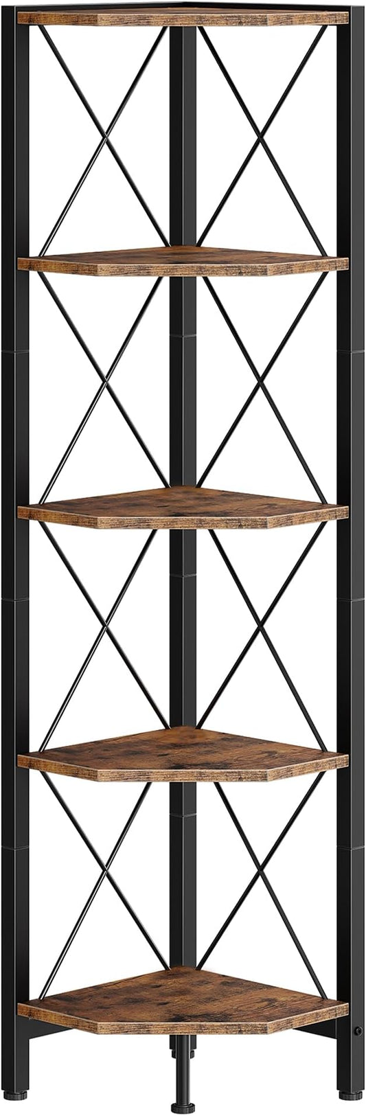 5-Tier Corner Shelf, Corner Bookcase, 55.2" Tall Vertical Display Rack, Plant Stand, Open Storage Shelf, for Living Room, Bedroom, Study, Kitchen, Rustic Brown and Black TCJ12BF