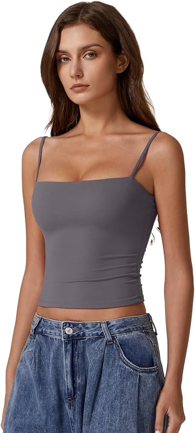 QINSEN Women's Double Lined Basic Tank Top Adjustable Spaghetti Straps Sleeveless Camisole Shirts