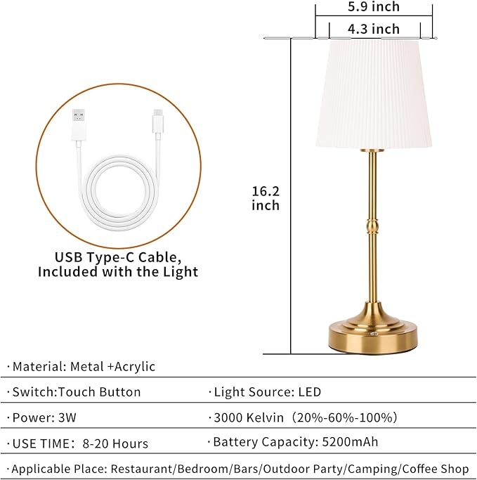 Cordless Rechargeable Table Lamp 5200mAh - Stepless Dimming & 3-Color Temperature, Touch Control Bedside Lamp with Fabric Shade for Bedroom, Patio, Camping, Balcony (Gold)