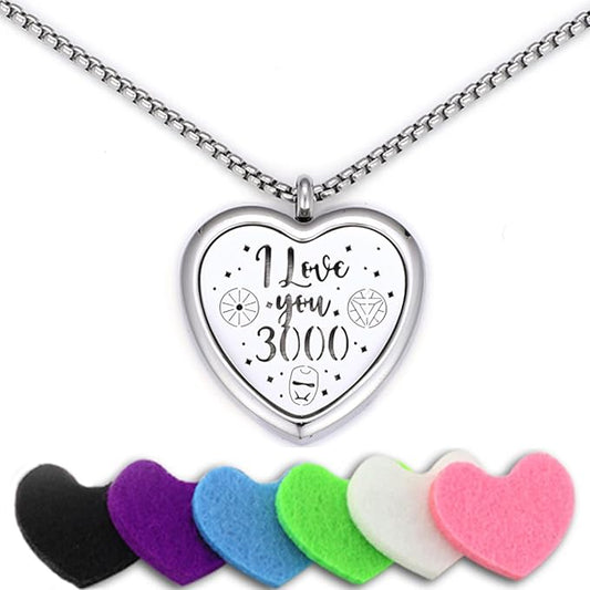 Heat Essential Oil Diffuser I Love You 3000 Necklace - Stainless Steel Essential Oil Diffuser Necklace Air Freshener Aromatherapy Locket Pendant Necklace with Chain&Pads