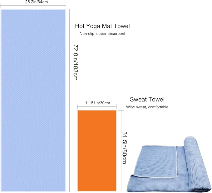 Hot Yoga Towel with Dense Silicone Grip Dot, 72'' x 25'' Stickyfiber Yoga Mat Full Cover Non Slip, Absorbent Sweat, Anti-Slip Yoga Mat Towel for Bikram,Pilates,Exercise,Fitness with a Sweat Towel