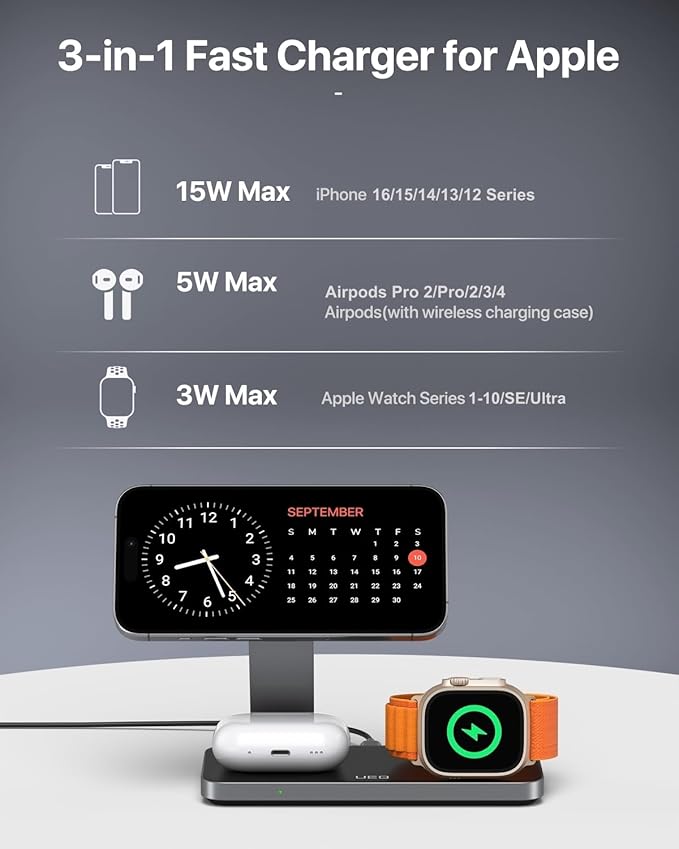 Foldable 3 in 1 Wireless Charging Station for Apple Compatible with Magsafe Charger Stand,Magnetic Wireless Charger Station for iPhone 17 Air16 15 14 13 12 Series,Airpods Pro,Apple Watch(Black)