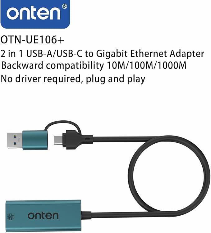 Onten USB-A and USB-C to Ethernet Adapter,Driver Free RJ45 to USB C or USB A, Gigabit Ethernet LAN Network Adapter for Windows,Mac OS, iOS and More