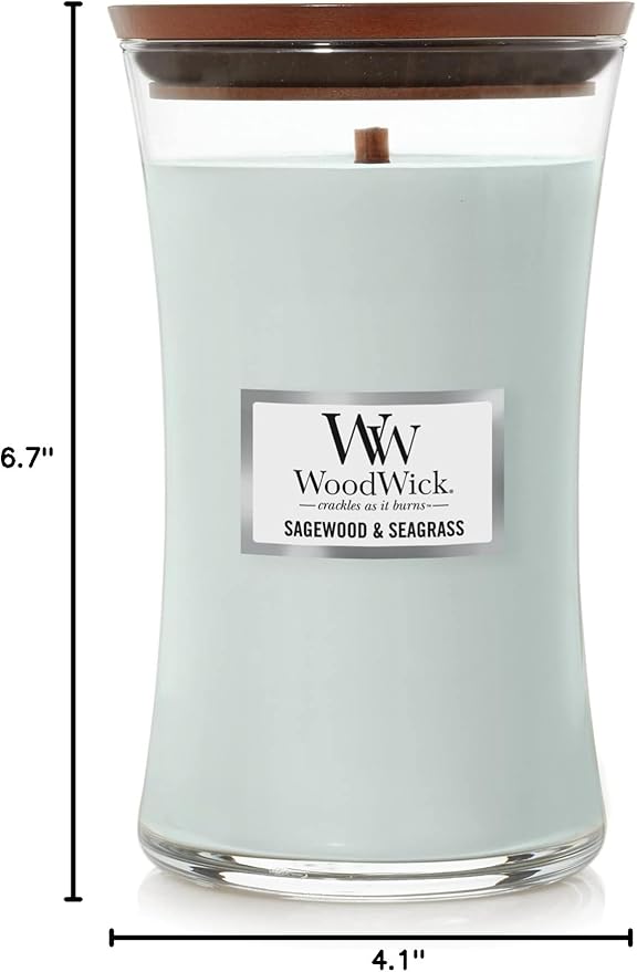 WoodWick Large Hourglass Candle Sagewood/Seagrass - Premium Soy Blend Wax Pluswick Innovation Wood Wick Made in USA