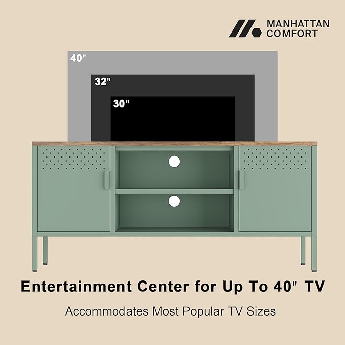 Manhattan Comfort Landen 47" Modern Metal TV Stand with Storage Cabinets & Open Shelves, Holds Up to 40" Screen, TV Console with Natural Wood Top, Cable Management, Adjustable Legs, Green