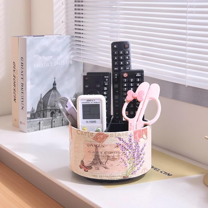 360° Rotate Desk Pen Organizer, Makeup Brush Holder Organizer, Makeup Organizers Countertop, TV Remote Control Holder,Leather Remote Caddy,Dual-Purpose Art Supply Pencil Cup (Lavender)