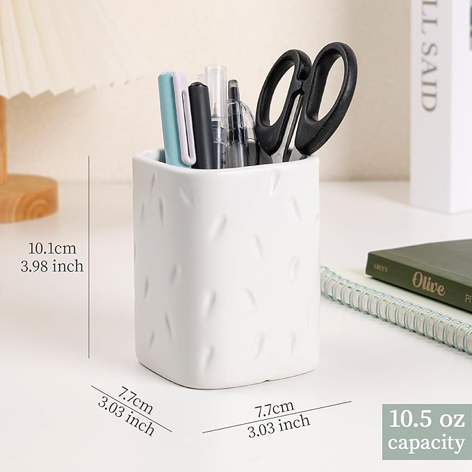 Ceramic Pen Holder for Desk, Makeup Brush Holder, Pencil Holder Stand, Pencil Cup Pot with Raindrop Design, Dual Use Desktop Organizer for Office, Home, School, Vanity