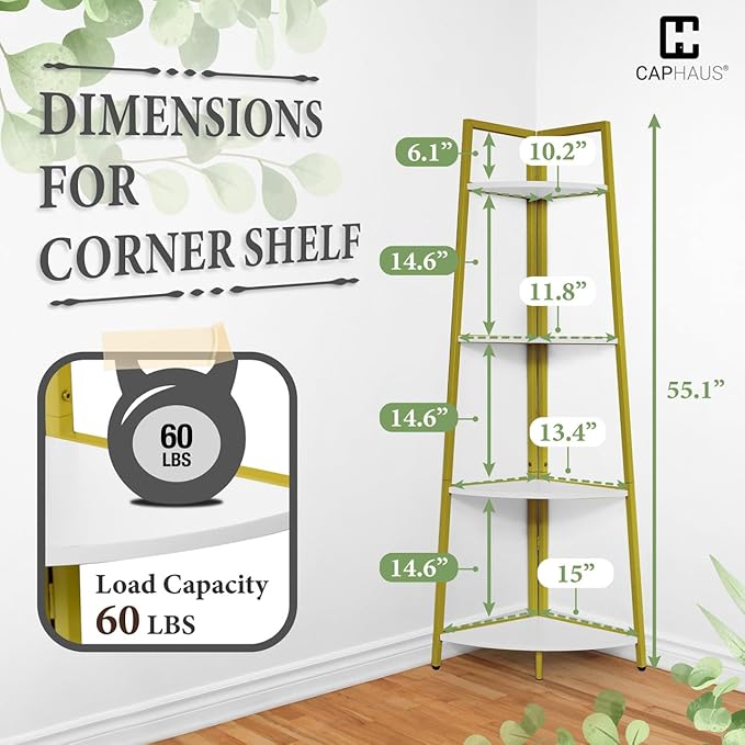 CAPHAUS Tall Corner Shelf Stand, 4-Tier Display Shelves, Ladder Corner Wood Storage Plant Bookshelf with Metal Frame, Versatile Shelving Unit Bookcase for Home Office Space, Gold