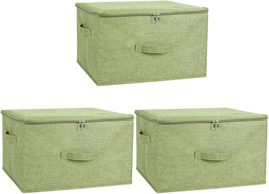 ANMINY 3PCS Storage Bins with Zipper Lids 36 Qt Lidded Fabric Storage Boxes Baskets Cubes with Handles Collapsible Washable Cotton Linen Closet Shelf Clothes Organizer Containers - Green, Large