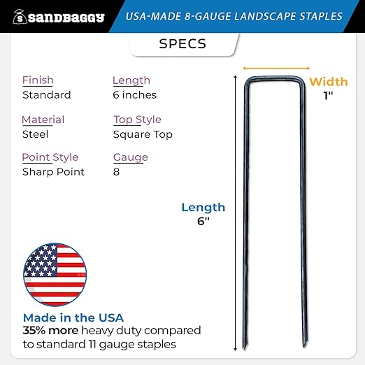 Sandbaggy USA Made 6-inch Landscape Staples - Garden Stakes - Landscaping Fabric, Netting, Sod, Artificial Turf (Extra Heavy Duty, 200)