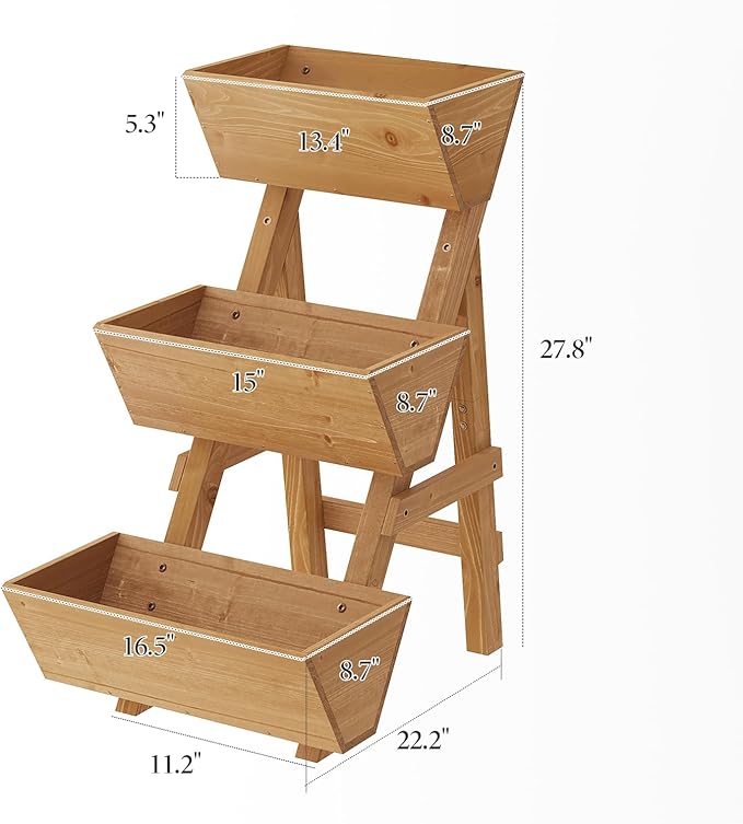 3-Tier Wooden Vertical Raised Garden Bed with Legs, Tiered Planter Box, Vertical Garden Planter,Wood Plant Stand Wood Flower Rack for Patio, Balcony, Freestanding. (Brown-Small)