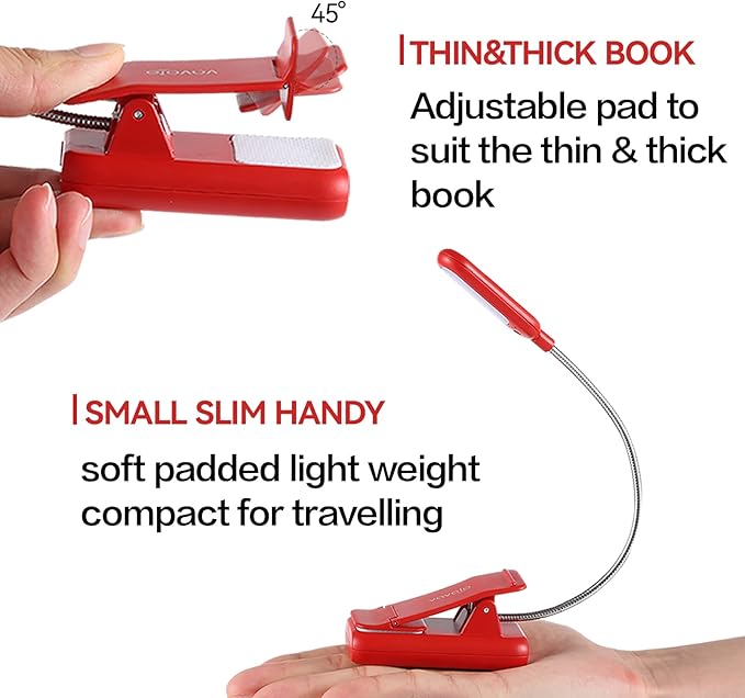 VAVOFO Rechargeable Book Light for Reading in Bed Kids, 7 LED Reading Light with 9-Level Warm Cool White Daylight, Eye Care Lamp with Power Indicator for Bookworms (Red)