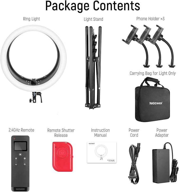NEEWER Ring Light RP19H 19 Inch with Tripod Stand 3 Phone Holders Compatible with iPhone, Upgraded 2.4G Touch Control Ringlight for Video Recording Streaming Home Office Zoom Selfie Makeup Lighting