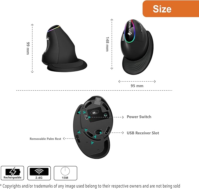 J-Tech Digital Ergonomic Mouse with Wireless Connection, Removable Palm Rest, Thumb Buttons, Rechargeable Battery, 800 DPI, Compatible with Windows and MAC OS